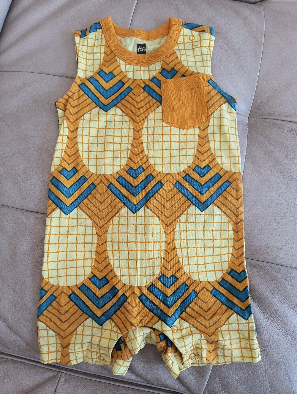Tea Collection Yellow & Blue Geometric Baby Romper with Mustard Pocket